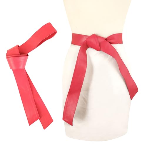 Woman's Obi Sash Tie Plus Size Waist Band Wide Solid Color Genuine Leather Belt - color: Pink