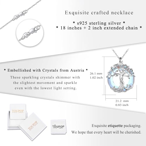 TOUPOP Tree of Life Necklace Gifts for Women 925 Sterling Silver Family Tree Pendant with Crystal Birthday Irish Jewelry Gifts for Women Her Wife Mom - color: 04-White Gold-Moonstone