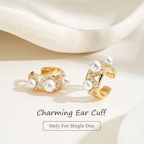 MEVECCO Ear Cuff Non Piercing for Women 18K Gold Plated Dainty Ear Cuff Earring Stacks Cartilage Clip On Wrap Huggie Minimalist Fake Piercings Open Hoops Jewelry Gifts - style: pearl