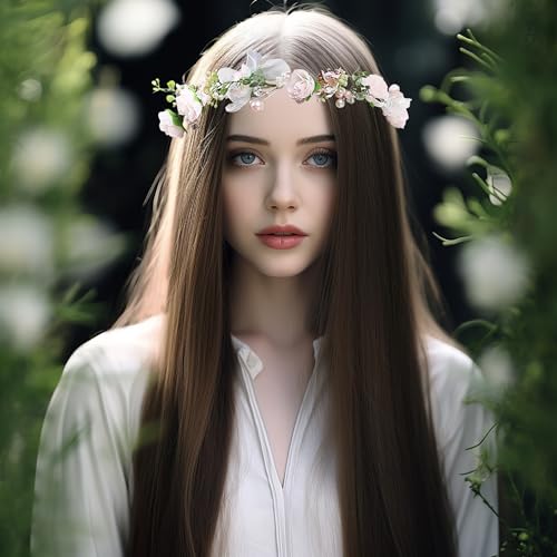 Vivivalue Pearl Flower Crown Floral Garland Headband Flower Halo Headpiece Hair Wreath Boho with Ribbon Wedding Party Festival Photos Pink - color: 5
