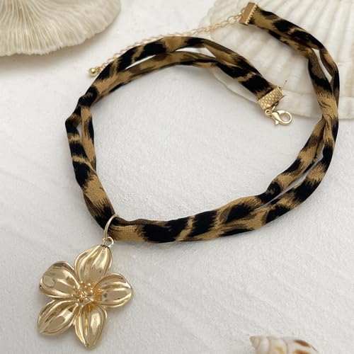 Scarf Necklace with Charm Gold Starfish Chunky Cross Heart Flower Pendants Bandana Charm Necklace Western Scarf for Women Boho Cowgirl Country Cowboy Accessories Beach Vacation Vacation Outfits Jewelry - color: A7-Scarf Necklace With Flower Charm