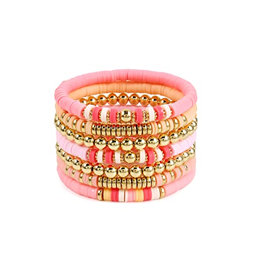 Elegance 11 designs Heishi Beaded Bracelets For Women Polymer Clay Colorful Surfer Stackable Beads Boho Bracelet Summer Beach Jewelry - color: Pink