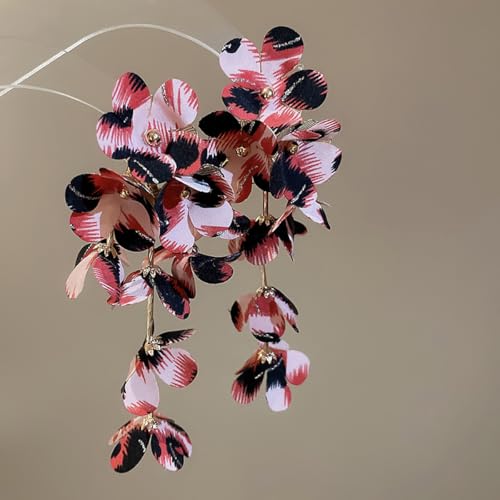 Boho Leopard Print Floral Earring Long Multi Layered Tassel Flower Earrings Fabric Flower Statement Earring Fashion Jewelry Accessories for Women - color: Pink