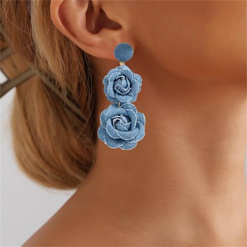 coadipress Boho Denim Camellia Flower Dangle Earrings for Women Exaggerated Big Layered Tiered Blossom Floral Drop Long Earring Chic Statement Earrings Wedding Bridal Jewelry Gifts - style: 2 Flowers Light Blue