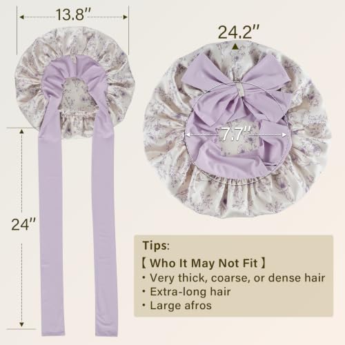 ZIMASILK 100% Mulberry Silk Bonnet for Sleeping Women Long Hair Double Layer Silk Hair Wrap with Tie Band Stay On Head (1Pc, Lilac Flower) - color: Lilac Flower