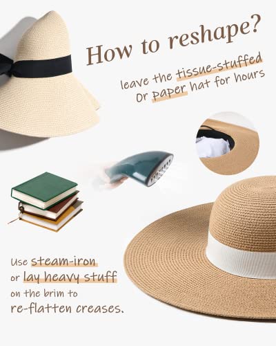 FURTALK Womens Sun Straw Hat Wide Brim UPF 80 Summer Hat Foldable Packable Floppy Beach Hats for Women - color: Khaki, size: Medium-Large