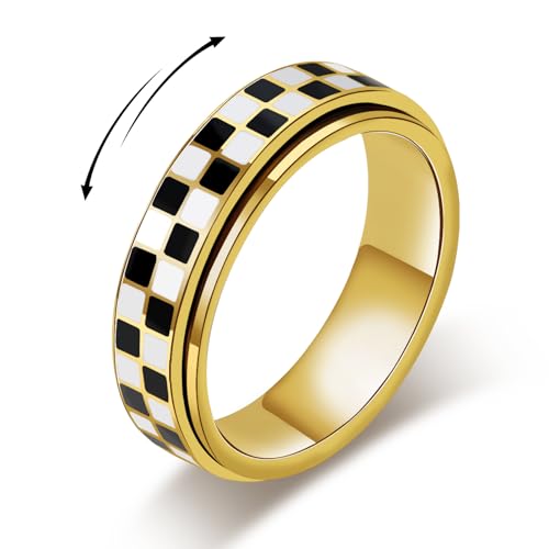 AmorArtSky Checkered Fidget Ring for Adults - 18K Gold Plated Stainless Steel Rotating Spinner Jewelry, Anxiety & Stress Relief Gift for Women/Men (Black and White Pattern) - color: Checkerboard Ring_Gold