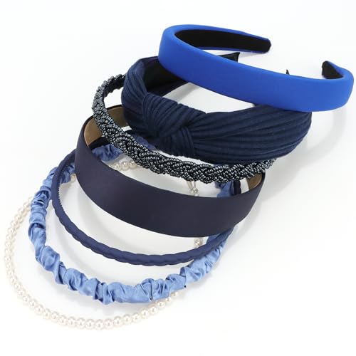 VELSCRUN Headbands for Women 7 Pcs Different Navy Blue Knotted Solid Pearl Head Bands Non Slip Hair Band for Womens Gilrs Thin Thick Short Hair Fashion Accessories - color: Dark Blue