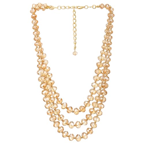 COOLSTEELANDBEYOND Crystal Beads Statement Necklace, Three-strand Layered Necklace, Waterfall - color: A-Color: Champagne & Gold