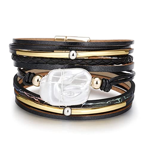 Fesciory Leopard Bracelet for Women, Boho Leather Wrap Multi-Layer Pearl Crystal Bracelet Bangle Jewelry - style: Black Leather(Pearl)