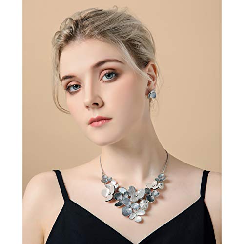 AMYJANE Vintage Statement Jewelry Set - Spring Leaf Flower Floral Plant Necklace Earring Set Crystal Rhinestone Fashion Costume Jewelry for Women Prom Party Unique Gift - style: meilian flower jewelry set grey