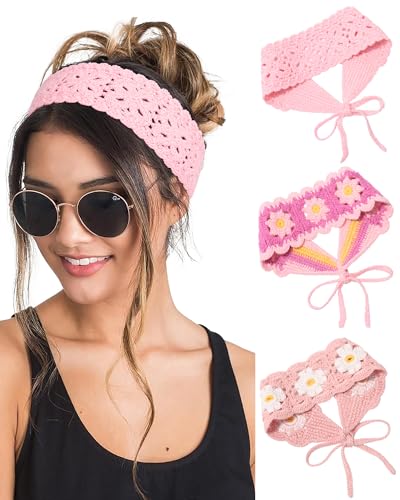 HAIMEIKANG Hippie Hair Bandanas Headbands for Women Boho Headband Knit Hair Bands Floral Head Wrap for Girls(Pink) - color: Pink