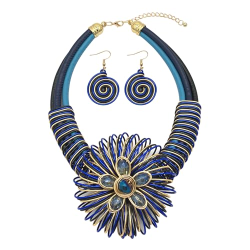 Statement African Necklace For Women African Jewelry Costume Earring Sets Tribal Fashion Colorful Big Rhinestone Crystal Pendent Collar Choker Bold Chunky Bib Handmade - color: Flower blue