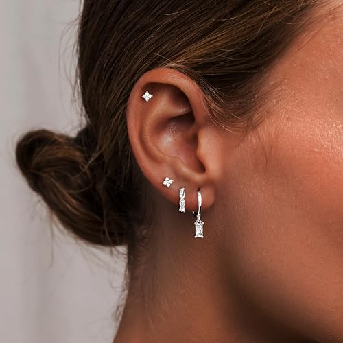 Poxtex Small Sterling Silver Huggie Hoop Earrings Set for Women, Hypoallergenic 14K Gold Plated Hoops Stacks for Multiple Piercings, Dainty Cute Mini Lightweight Cartilage Studs Trendy Jewelry Gift - color: Silver-dangle hoop