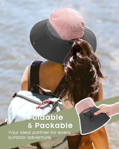 FURTALK Womens Sun Hat with Ponytail Hole Beach Hiking Summer Wide Brim UPF 50+ Outdoor Protection Foldable Bucket Hat - color: Pink-grey