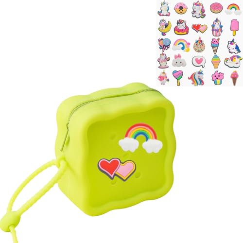 Soft Silicone Zipper Coin Purse Lovely Cartoon Hole Design Miniature Wallet Children's Storage Pouches Organizers For Kid with 25pcs DIY Charms (Grass Green) - color: Grass Green
