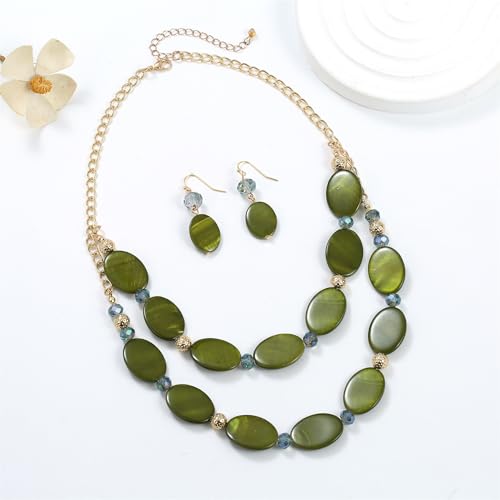 2 Layered Chunky Beaded Shell Necklace for Women Sea Shell blue/yellow/red/green/turquoise/teal/white Statement Necklace and Earring Set Elegant Women Necklace Set Jewelry Sets for Women - color: Olive Green