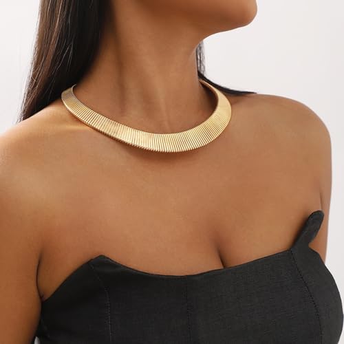 Chunky Gold Collar Choker Statement Necklace for Women Trendy | Gold Plated Layered Twist Flat Thick Snake Herringbone Chain African Torque Necklace Prom Boho Necklaces Party Jewelry Gift - style: Flat Herringbone Chain/Gold