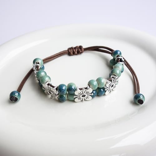 Handmade Green Boho Bracelets for Women, Bohemian Ceramic Beads Bracelets for Friends, Trendy Porcelain Stone Beaded Bracelets for Sisters - color: Green