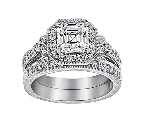 Amazon Essentials Platinum or Gold Plated Sterling Silver Antique Ring set with Asscher-Cut Infinite Elements Cubic Zirconia - color: White Zircon/Platinum, size: 8