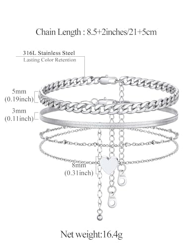 FindChic Black/Silver/Gold Plated Anklets Set of 2PCS/3PCS Herringbone Chain Cuban Link Heart Charm Sparkling Tennis Ankle Bracelets, Waterproof Summer Foot Jewelry for Beach - color: 01. Silver-3PCS Cuban & Herringbone & Beaded Heart