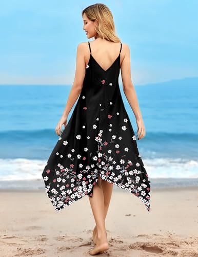 Chigant Women's 2026 Summer Dress Casual Boho Sundress Spaghetti Strap Swimwear Cover Up Beach Flowy Midi Vacation Dresses - color: Black Plum Blossom, size: Medium