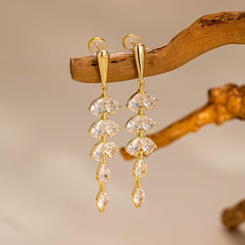 Dangle Earrings for Women - 14K Gold/White Gold/Rose Gold Plated Butterfly Heart Star Hoop Chain Long Tassel Cubic Zirconia CZ Dangle Earrings - color: Gold Leaf Dangle