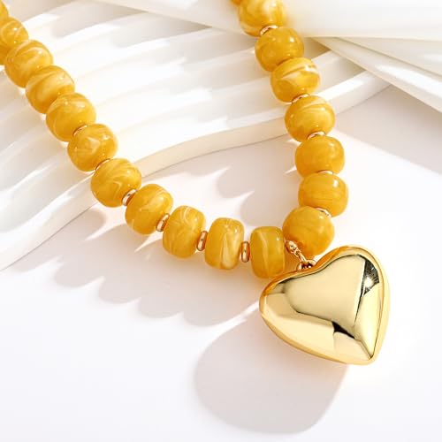WOWORAMA Chunky Heart Necklaces for Women Colorful Resin Beaded Choker Necklace Gold Puffy Heart Statement Necklace Trendy Acrylic Choker Jewelry - color: Yellow