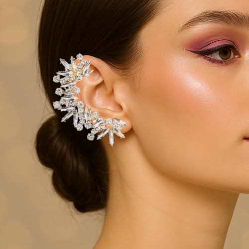 Rhinestone Silver Full Ear Cuff Earrings for Women Ear Clip Wrap Statement Climber Crawler Earrings for Women Hypoallergenic Silver Wedding Jewelry Gifts - color: Gold Right