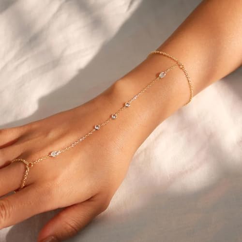 choice of all Hand Chain Bracelet Gold Finger Ring Bracelet Hand Chain for Women Trendy Birthday Jewelry Gifts - color: B4:Cz Hand Chain