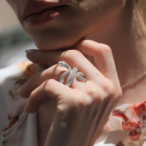 Sterling Silver Statement Ring 14K Gold Plated Healing Protection Snake CZ Pave Adjustable Open Ring 34mm