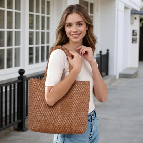 Woven Tote Bag for women,Vegan Leather Woven Satchel Handbag,Shoulder bag with Pouch,Hobo bag fits13-14” laptops - color: Brown