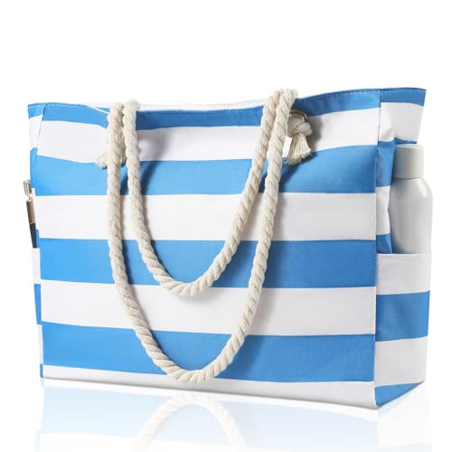 Clothirily Beach Bag for Women - Large Beach Tote Bag, Waterproof Sandproof Beach Bag with Zipper, Large Swim Pool Beach Tote - color: Sky Blue