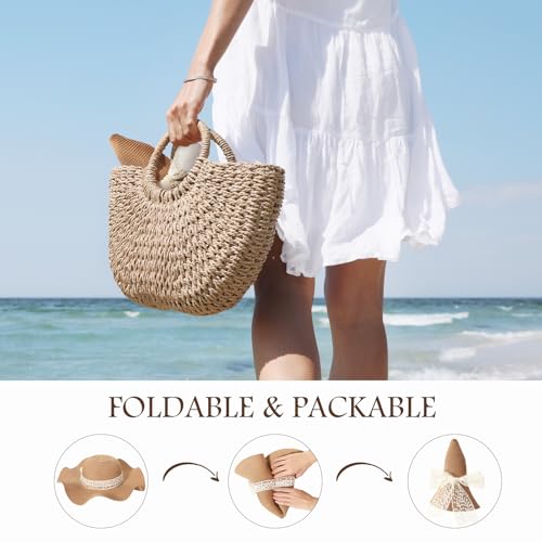 Beach Hats for Women, Sun Straw Hat for Women, UPF 50+ UV Sun Protection Sun Hat Womens, Foldable Floppy Sun Hat - color: W-khaki