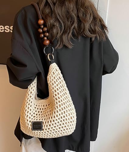 Crochet Summer Beach Bag for Women Woven Cotton Mesh Hobo Handbag Fashion Bead Handmade Shoulder Bag Purse - color: Beige