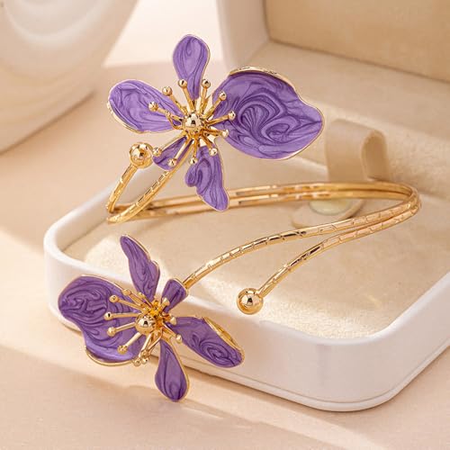 Flower Arm Cuff Bracelets for Women Adjustable Gold Upper ArmBand Jewelry Boho Floral Open Wrap Statement Bangle Bracelet Arm Cuff Jewelry Gifts for Women - color: Purple