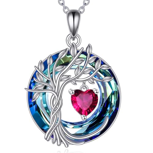 POPLYKE Mothers Day Gifts for Mom Her Wife Tree of Life Necklace 925 Sterling Silver Birthstone Pendant with Crystal Anniversary Birthday Wedding Jewelry for Women - color: 07-Jul-Ruby, style: White Gold Plated-Blue Crystal