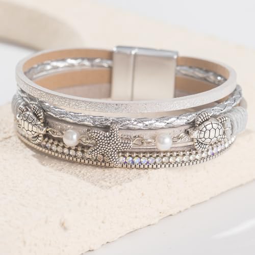 FANCY SHINY Turtle Starfish Leather Wrap Bracelet Boho Rhinestone Pearl Cuff Bracelets for Women Summer Beach Jewelry for Women - color: Silver