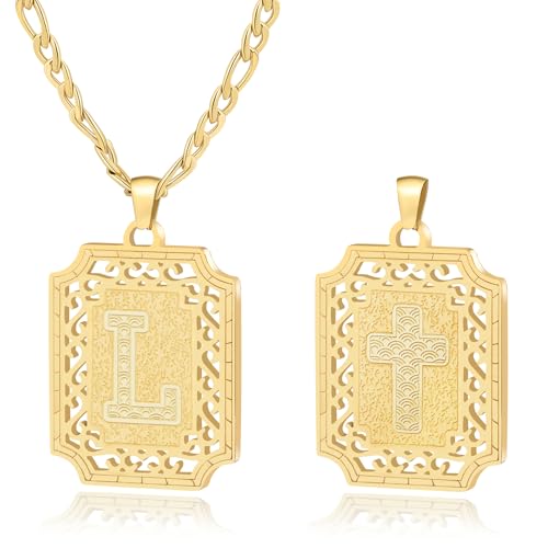 LETFLY Initial Necklaces for Women Men, 18K Gold Plated Letter Cross Pendant Necklace Alphabets A-Z Figaro Chain Jewelry Gifts - color: Square, style: Letter L