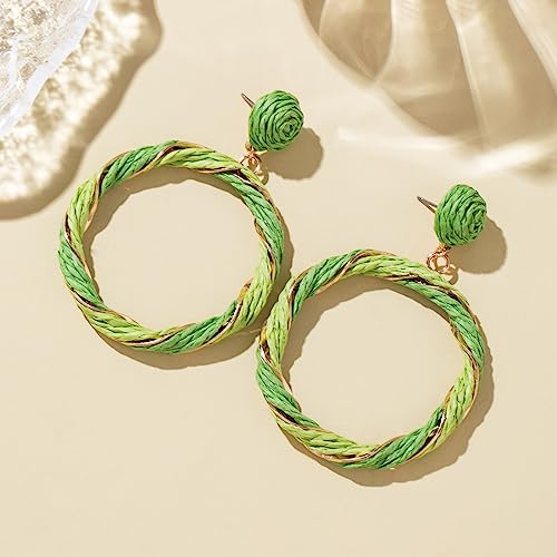 Boho Raffia Hoop Dangle Earrings Twisted - Statement Rattan Round Geometric Earrings For Summer Beach Vacation - color: GREEN
