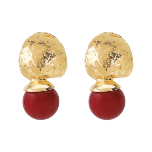 Red Ball Dangle Earrings for Women Boho Hammered Round Circle Bead Statement Charms Drop Earrings Fashion Christmas Holiday Festival Dress Accessories Jewelry Gifts - color: Gold