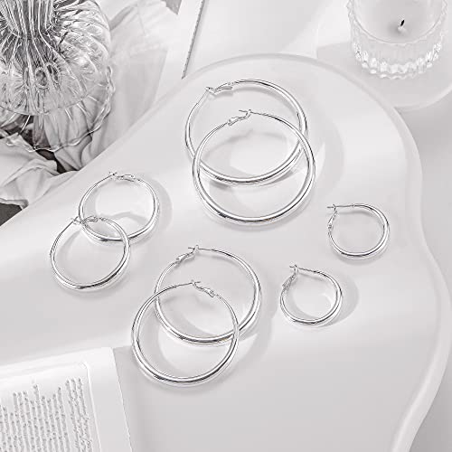 EXGOX Sterling Silver Hoop Earrings - Hypoallergenic, Lightweight, Chunky, 14K Real Gold Plated, Big Large Hoops for Women - color: 40/50/60mmSilver