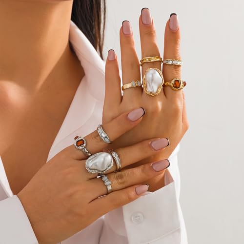 Chunky Gold Rings for Women Non Tarnish Statement Flower Ring Baroque Pearl Stackable Rings Set 6Pcs Chunky Jewelry - color: Gold 2