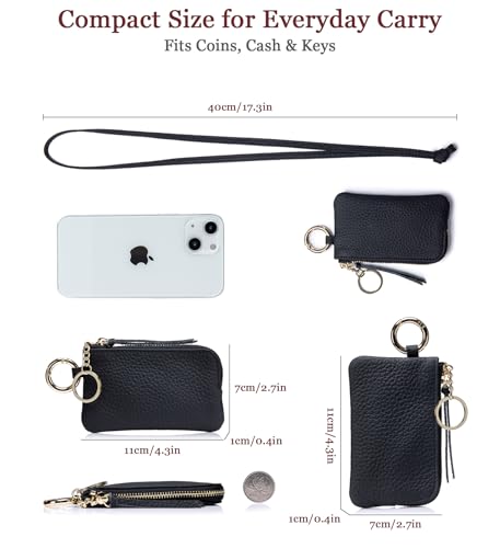 Leather Coin Purse for Women with Keychain & Wrist Strap – Small Zipper Coin Pouch, Mini Change Wallet, Slim Travel Key Pouch with Gift Box (Black) - color: Black