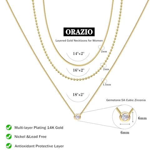 ORAZIO Gold Necklaces for Women,Layered Gold Necklace,14K Gold Plated Pendant Necklaces,Simple Choker Necklaces Set, Dainty Gold Chain Necklaces,Trendy Gold Stacked Jewelry Gifts for Women - color: 3Pcs/Herringbone & Bead & CZ