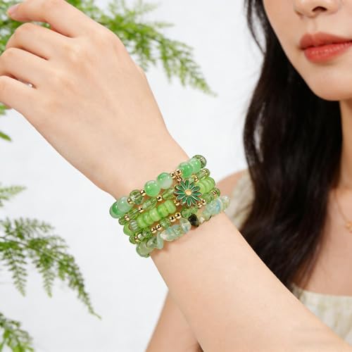 coadipress 5Pcs Bohemian Flower Stackable Bead Bracelets for Women Multilayer Crystal Glass Beaded Charm Bangles Bracelet Boho Summer Beach Hawaii Holiday Statement Jewelry - color: Green
