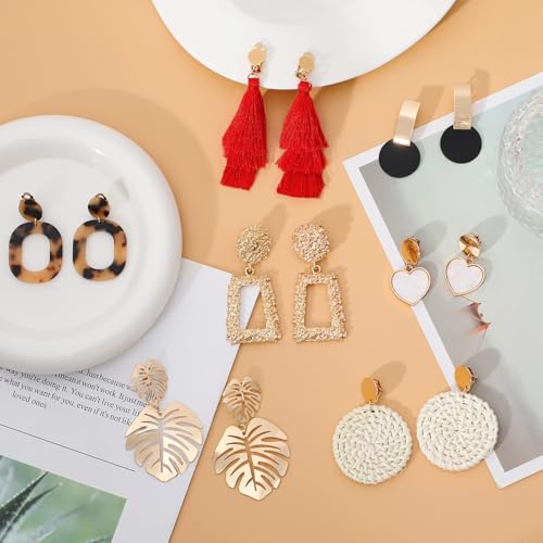 12 Pairs Boho Statement Earrings Set for Women: Rattan Tassel Acrylic Earrings