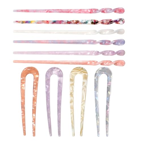 10 PCS Acetate Hair Sticks Set, 6 PC Acetate Hair Chopsticks and 4 PC U-Shaped French Hairs Forks Tortoise Shell Haipin Retro Chinese Hairpins Vintage Hairstyle Accessories for Women Girls Updos Buns