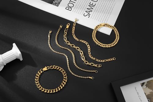 XIANNVXI 6pcs Bracelets for Men Gifts for Him Stainless Steel Bracelet Silver/Gold/Black Cuban Link Rope Paperclip Chain Bracelets Set 6.5/7/7.5/8.3/9 Inches Metal Bracelet Mens Fashion Accessories Jewelry Gifts Set - color: Gold, size: 7.5 in-Men Small W