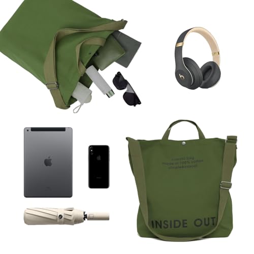 Canvas Tote Bag For Women inside out bag Crossbody Handbag with Adjustable Strap and Coin Purse for Work,Travel,Grocery - color: Army Green